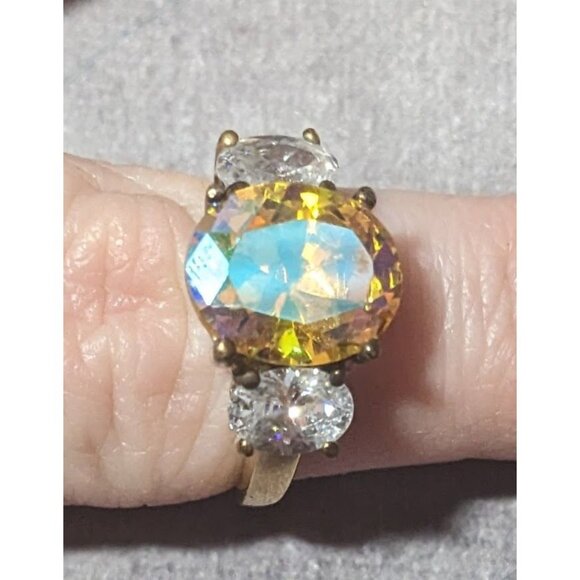 Brilliant Three Stone Sterling Silver Gold Tone Plated Engagement Ring Size 7 - Picture 5 of 16